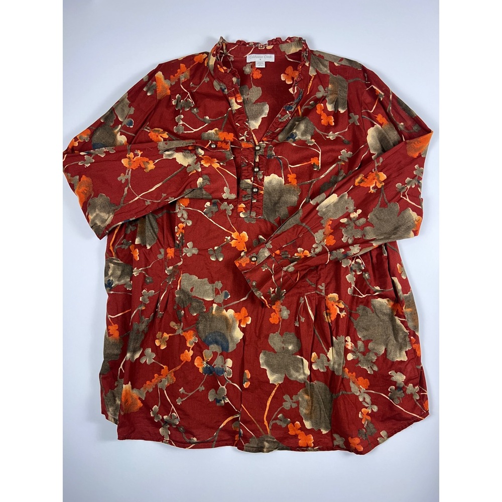 Coldwater Creek Womens 2X Rust Red Floral Ruffle Neck Roll Tab Sleeve Blouse Top - Picture 3 of 9